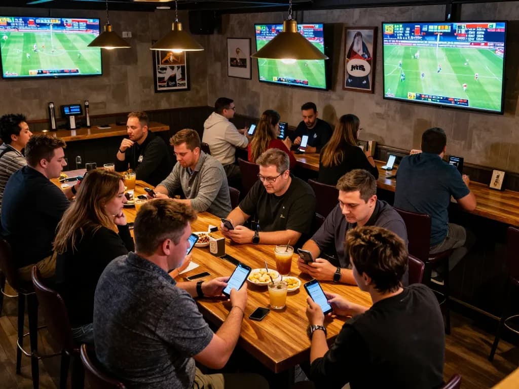 Patrons passionately placing bets on mobile apps at sports bar showcasing nk88 vibe and excitement