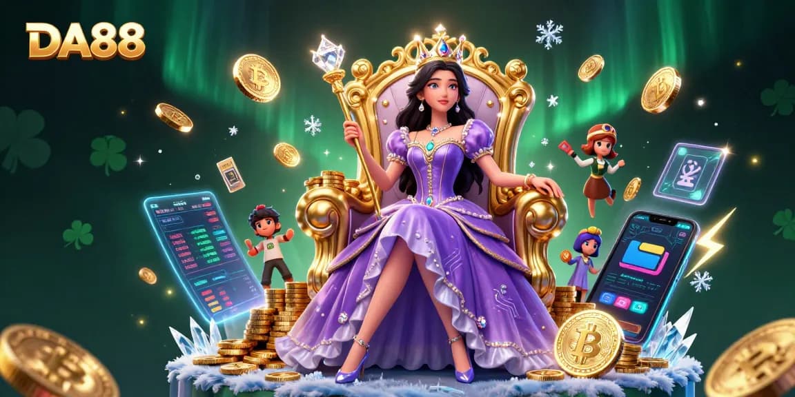 Experience the excitement of DA88 in this vivid casino illustration featuring a royal theme and crypto elements.
