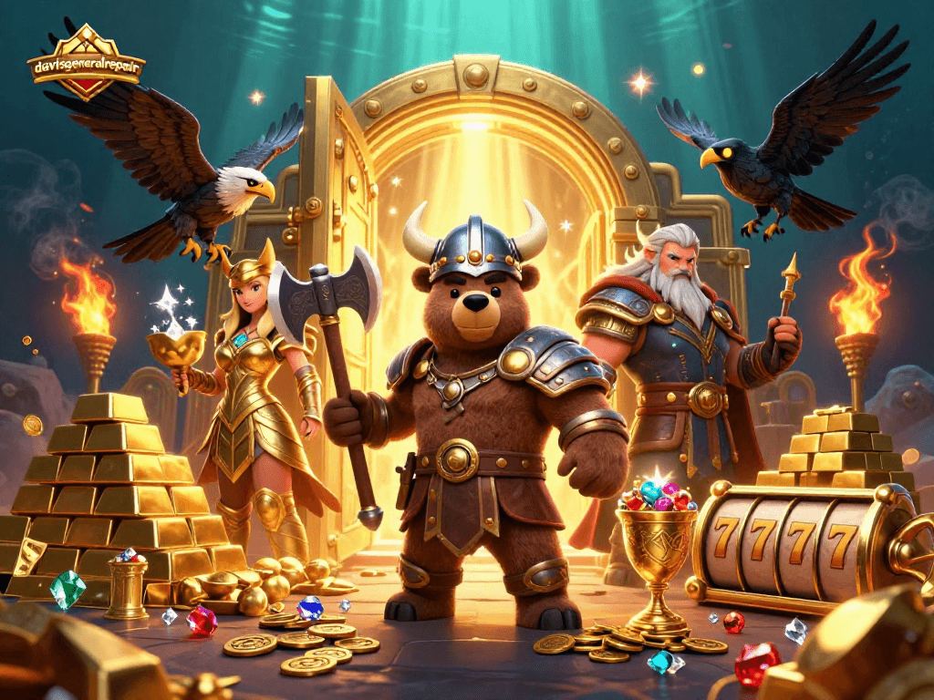 Davisgeneralrepair showcases a dynamic casino scene with Viking characters, slot reels, and treasure elements.