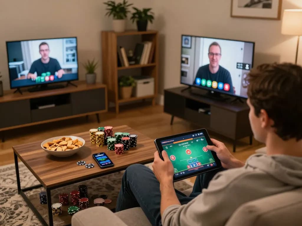Engaging in Canada online casinos from home, a player enjoys a poker game on a tablet with snacks at hand.