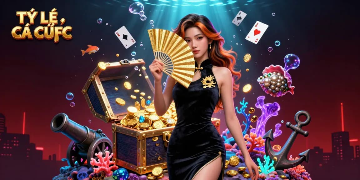 Engage with stunning visuals of TỶ LỆ CÁ CƯỢC showing a beautiful Asian woman amidst gambling elements and treasure.