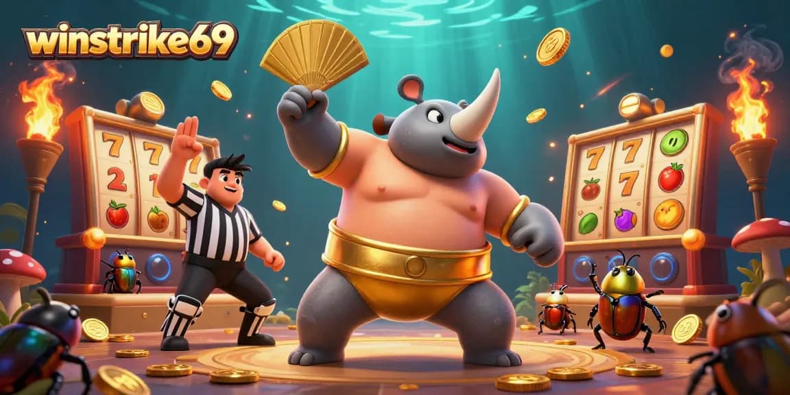 Winstrike69 casino scene featuring a beetle champion surrounded by golden coins and slot reels with lucky symbols