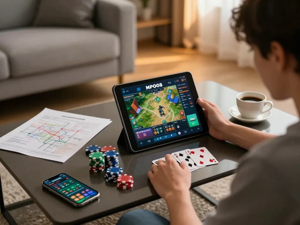 MPO08 online gaming setup with a player focused on tablet, chips, and strategy notes in a cozy setting.