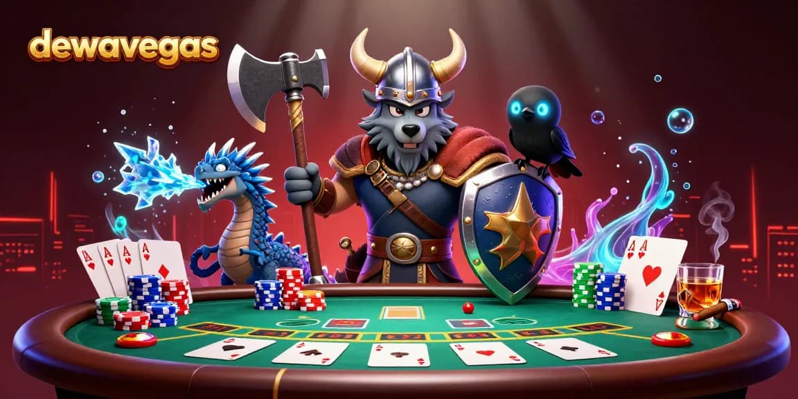Experience excitement at dewavegas with a Viking wolf warrior, dragon, and vibrant baccarat scene.