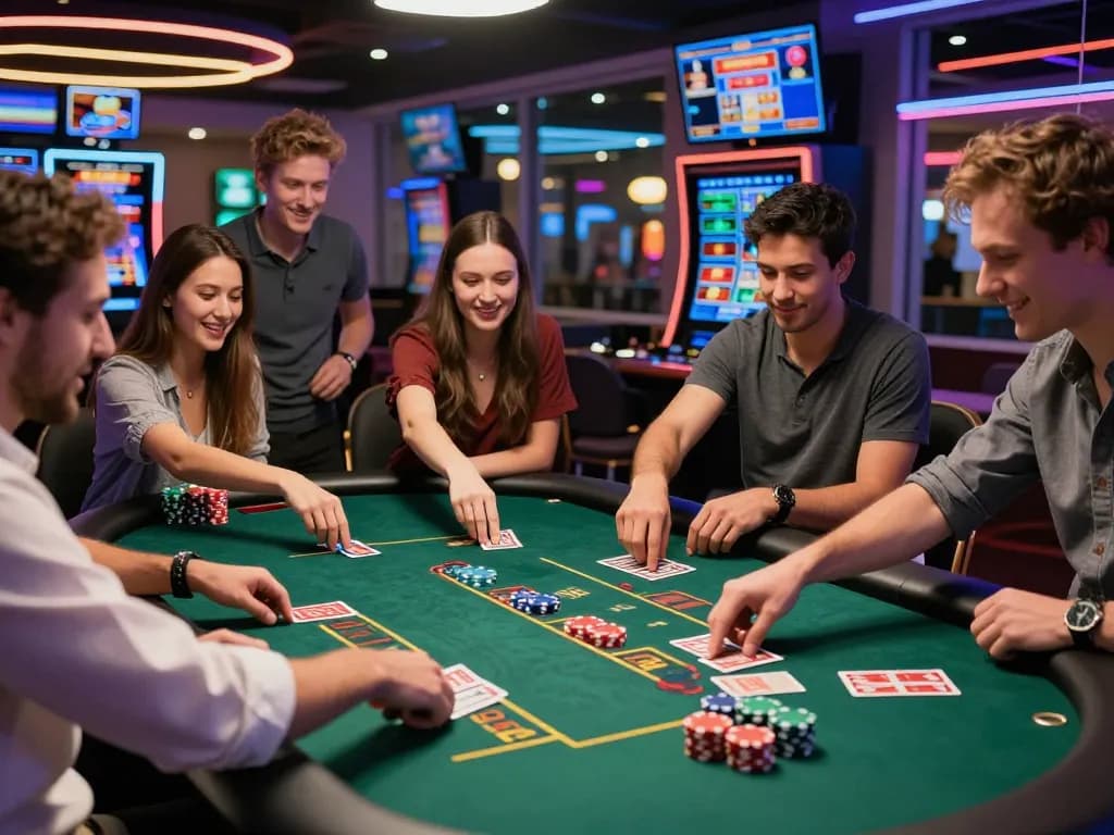 Friends enjoying an exciting game night at SC8888 casino, vibrant atmosphere featuring betting tables and neon lights.