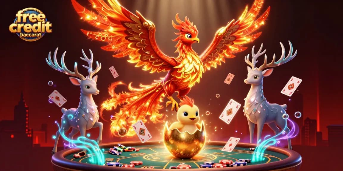 Engage in free credit baccarat with vibrant visuals showing a phoenix, baccarat elements, and rich casino atmosphere.