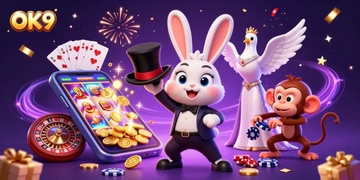 Spin your luck with OK9 while witnessing a magician pull coins at a vibrant casino scene.