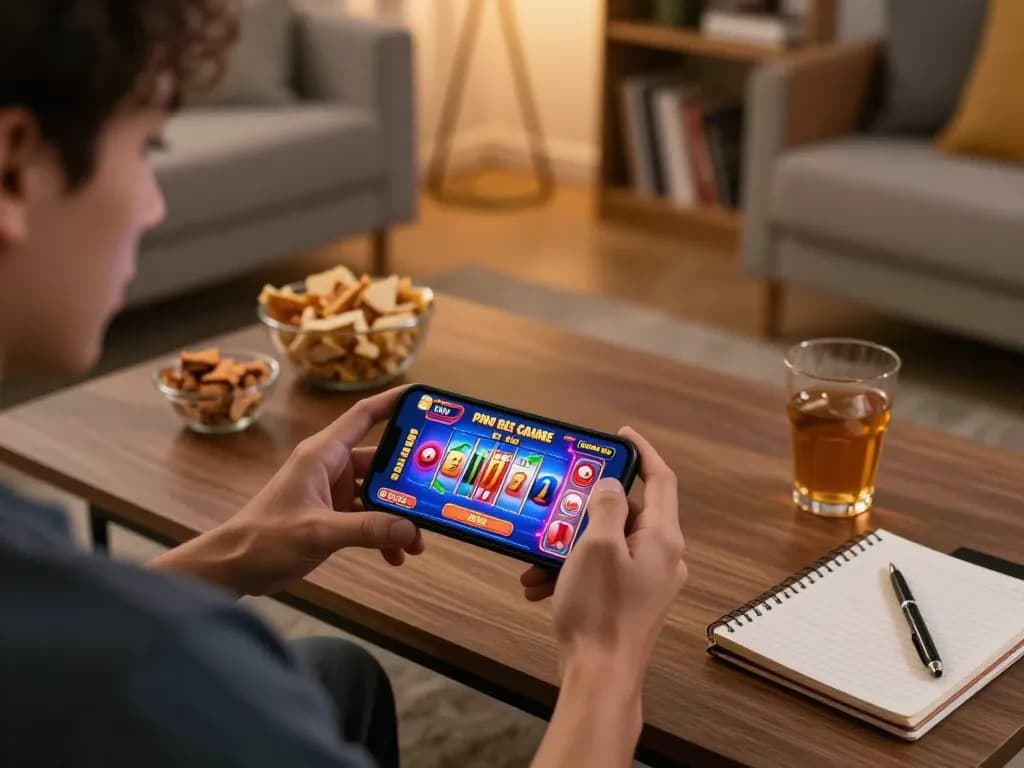 Engaging in a Pinoy Casino Game on a smartphone, showcasing casual at-home gaming experience.