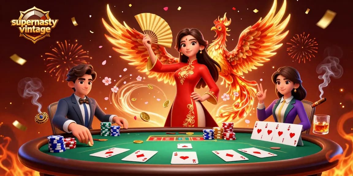 Engage in thrilling poker action at supernastyvintage, showcased with vibrant casino elements and a graceful Vietnamese figure.