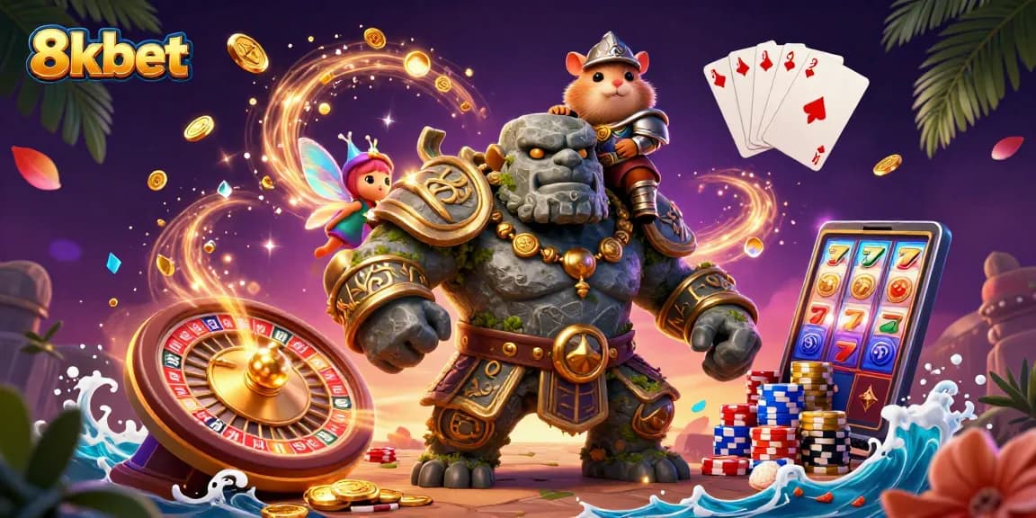 Experience thrilling gaming with 8xbet through captivating illustrations of a golem and magical companions.
