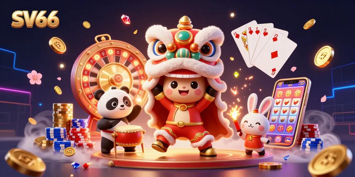 Spin the reels at SV66 with a dynamic scene of a lion dance, drumming panda, and vibrant casino elements.