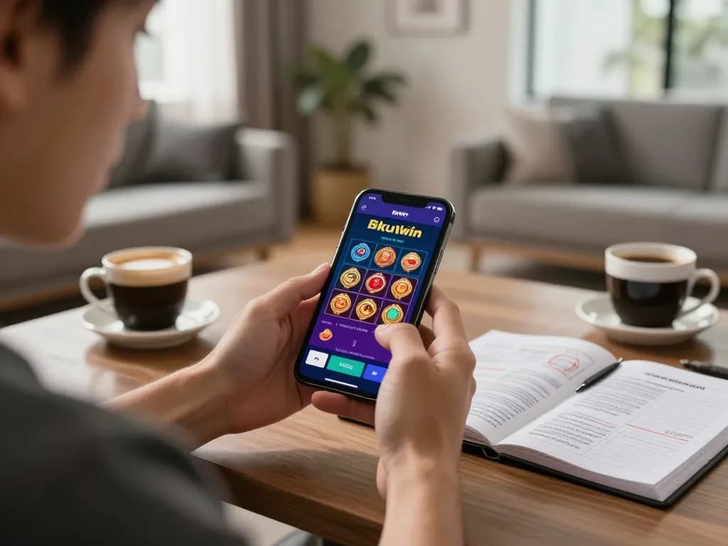 Player engaging with the kkwin mobile casino app, emphasizing responsible gambling in a cozy home environment