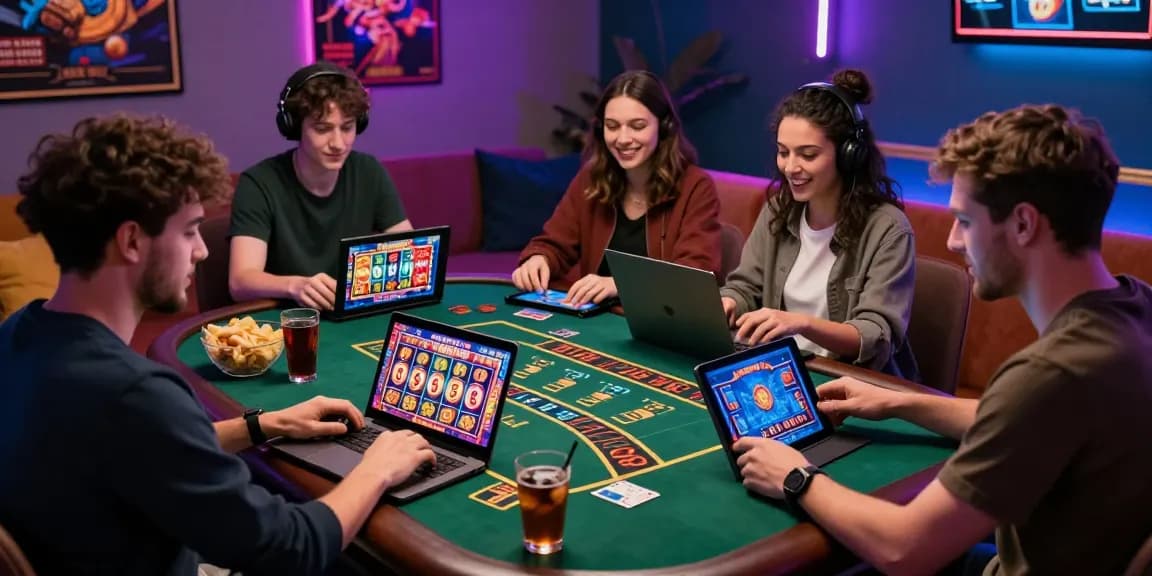 Exciting gaming atmosphere at a credit card casino showcasing friends enjoying online games at https://thegbhouse.co.uk/ with vibrant slot and live dealer action.