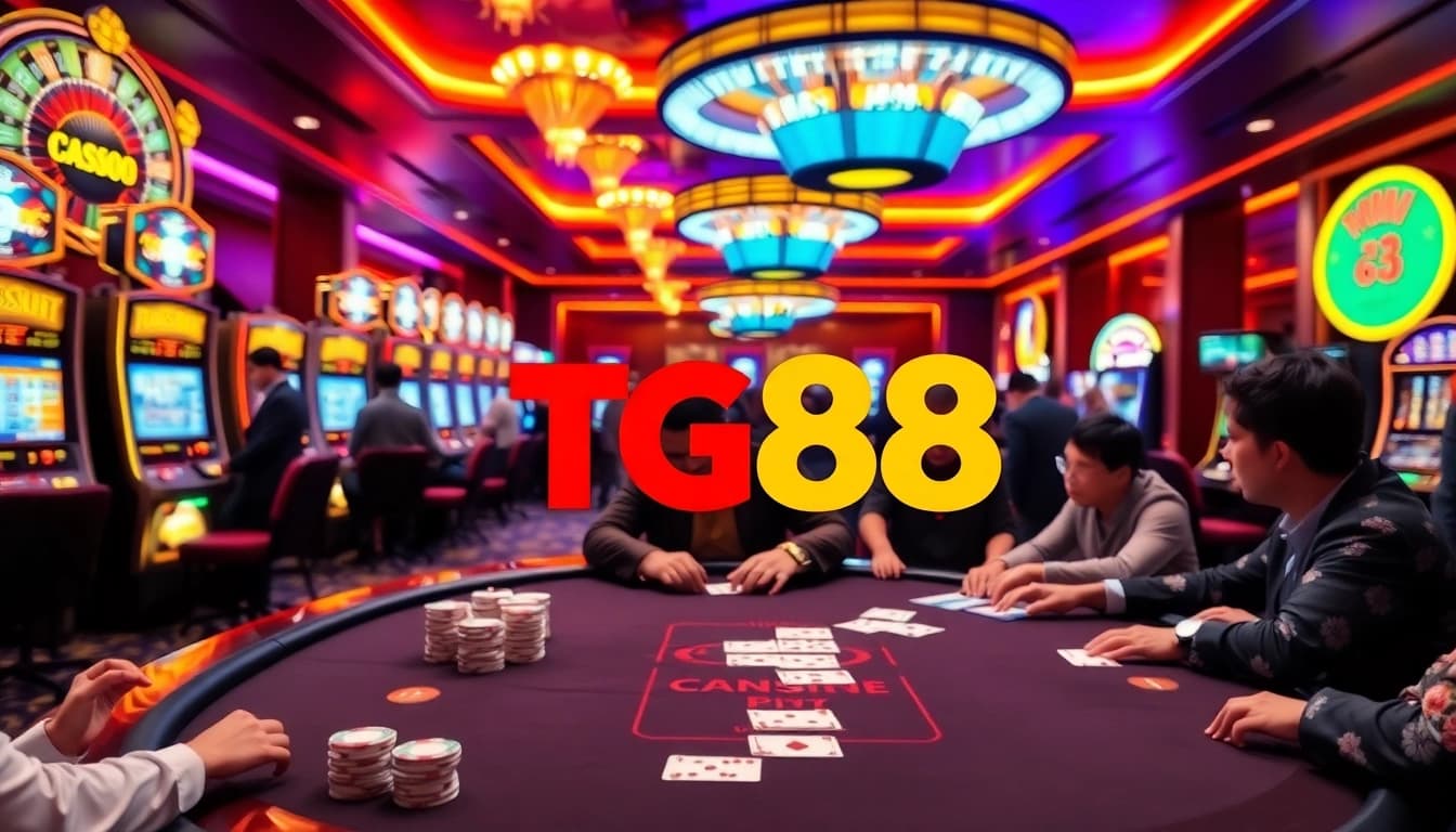 Exciting casino action at TG88 with players engaged in poker and vibrant slot machines.