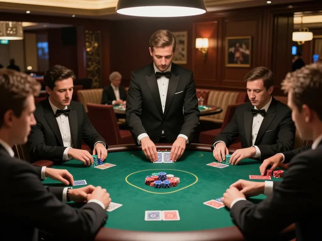 KJC poker players engaged in a high-stakes game in a luxurious casino setting.