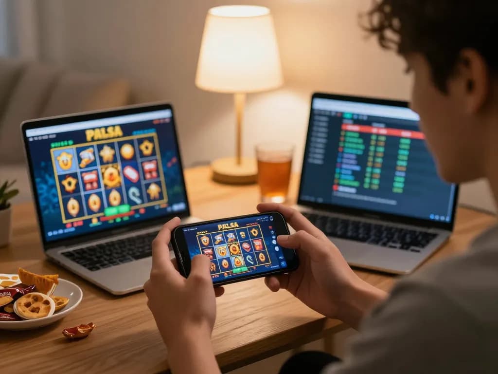 Terlibat dalam permainan slot pulsa di smartphone dalam lingkungan rumah yang nyaman, menyoroti permainan yang bertanggung jawab.