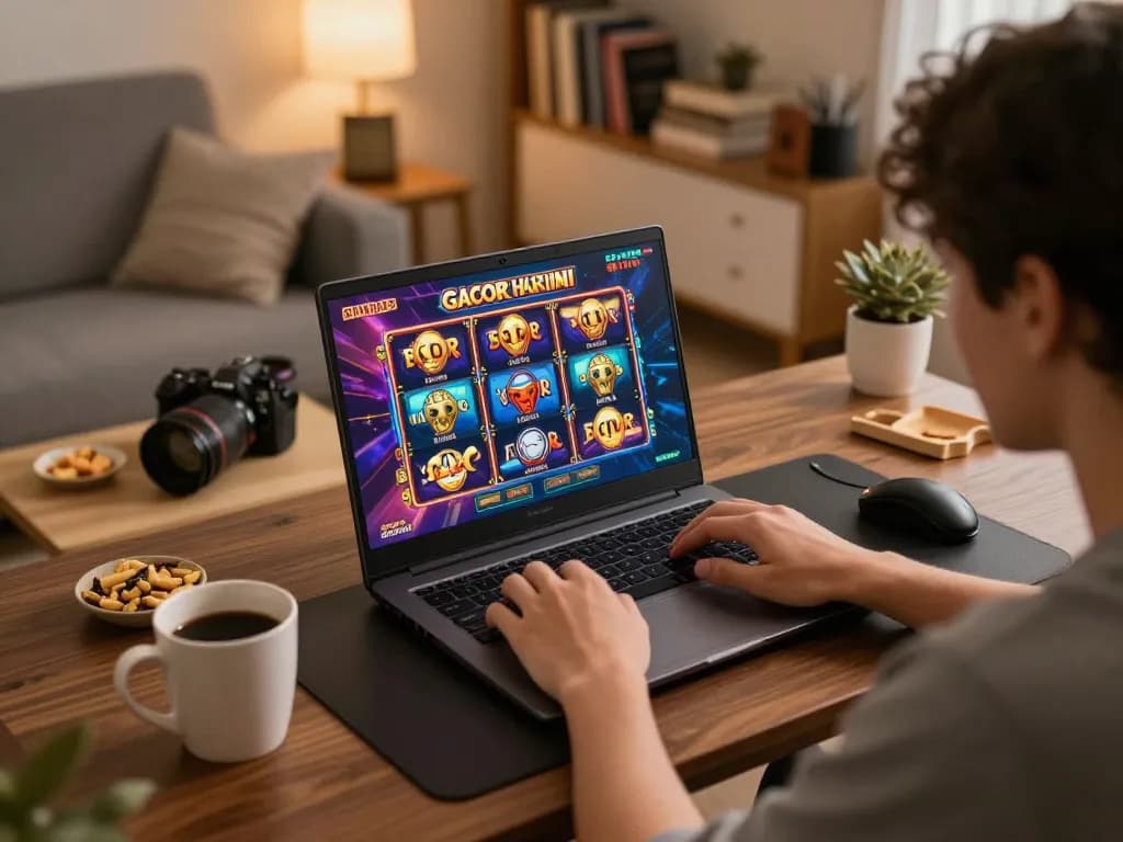 Player enjoying slot gacor hari ini on a laptop, showcasing engaging gameplay in a cozy home setting.