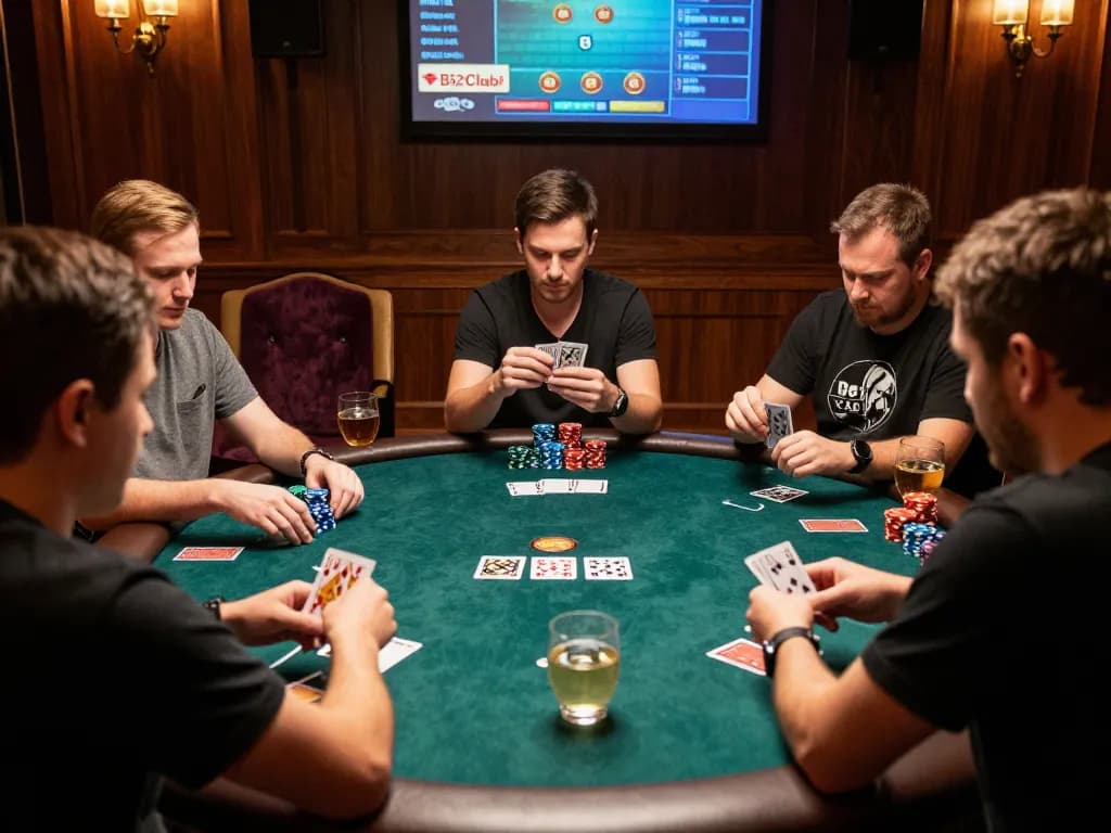 Các người chơi poker tại B52club đang lập chiến lược cho những lá bài của họ trong không khí sòng bạc hấp dẫn.
