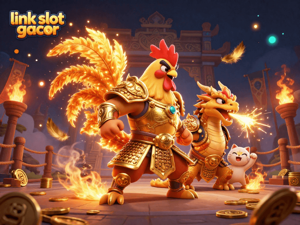 Raih kemenangan maksimal dengan link slot gacor yang menampilkan ayam jantan samurai dan naga yang berapi-api.