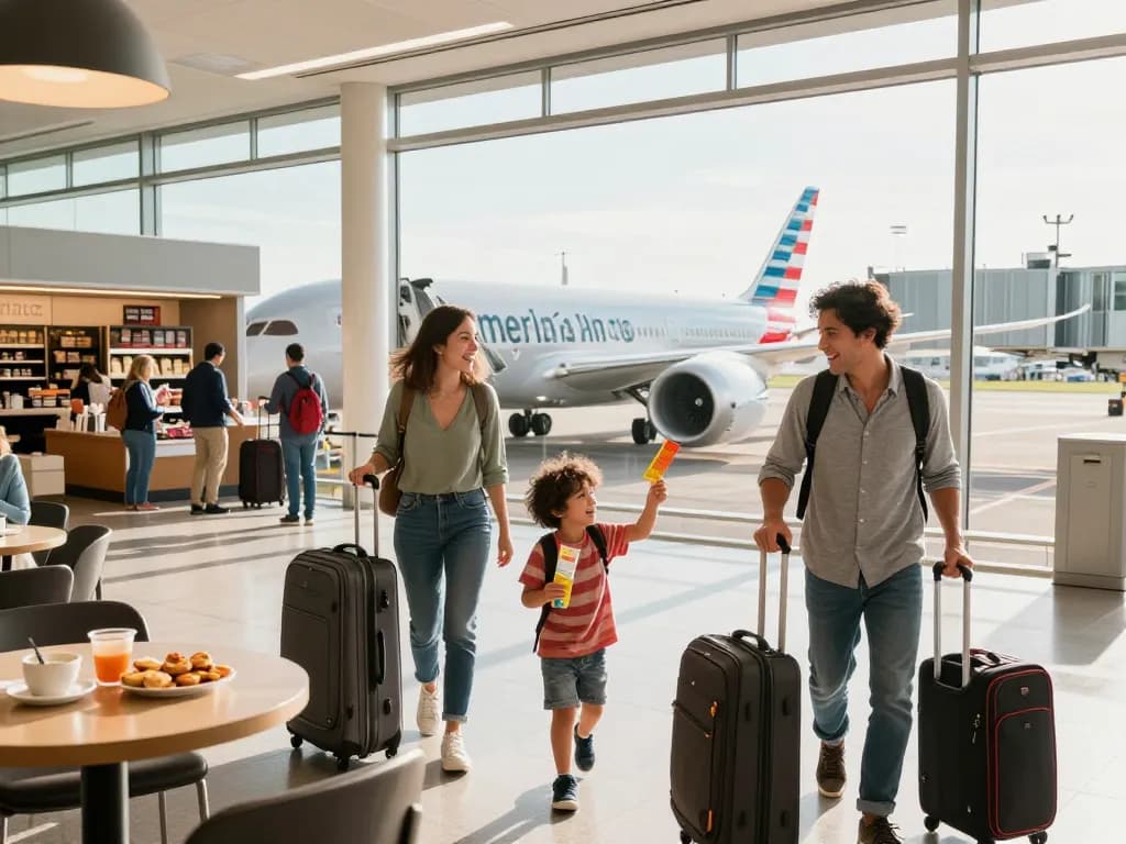 Family boarding the American Airlines 789P Dreamliner at a bright airport gate, showcasing travel excitement.