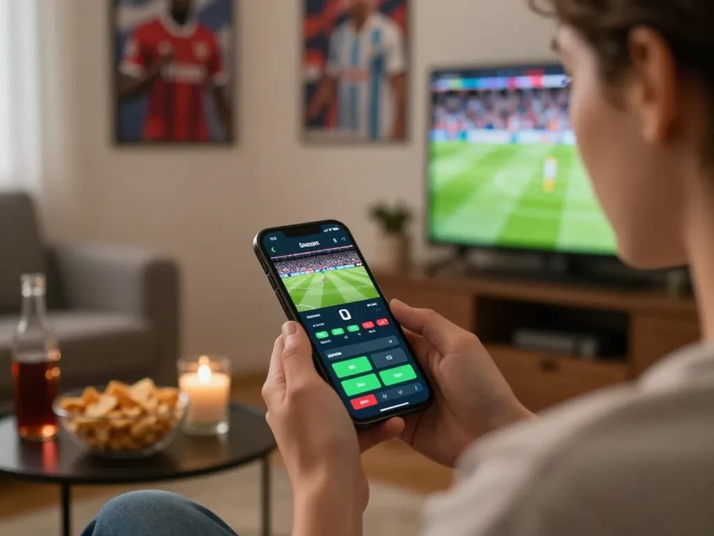 Engaging in sports betting on cacuocbongda app while enjoying a live football game at home.