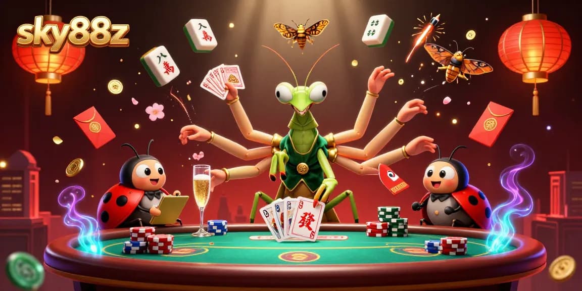 sky88z showcases a vibrant casino scene with characters engaged in poker and festive gambling elements.