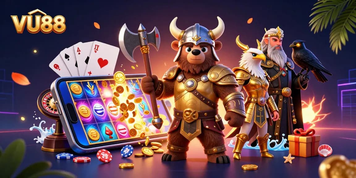 Spin vibrant slots at VU88 with a Viking bear, eagle, and rich casino elements.