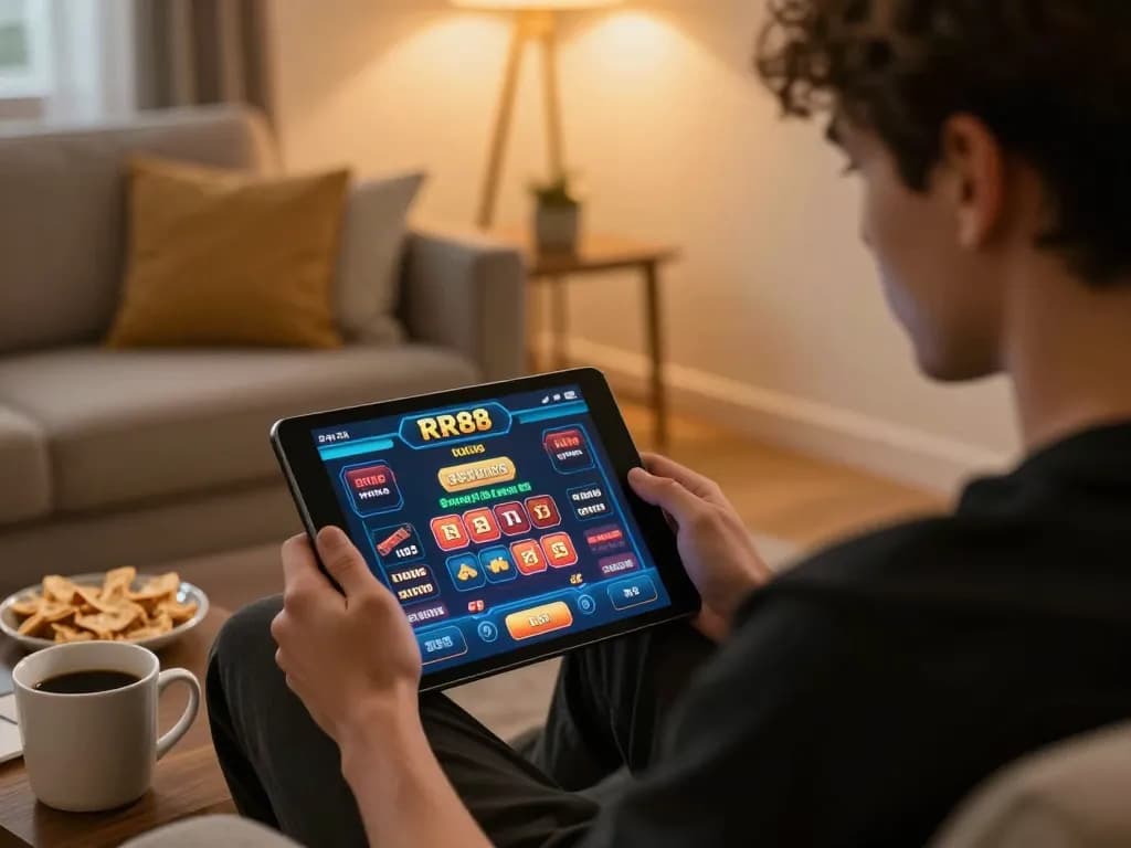 Player engaging with RR88's online casino app in a cozy home setting, reflecting responsible gaming.