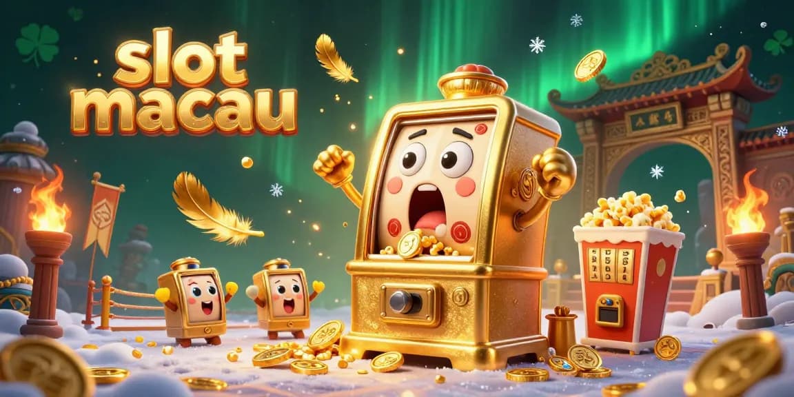 Engage with the excitement of slot macau as the joyful golden slot machine hits a jackpot while golden coins rain down.