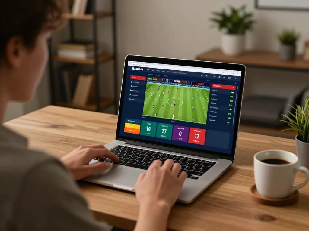 Tỷ lệ kèo trực tuyến shown on a laptop screen during a cozy home betting session, emphasizing interactive sports betting strategy.