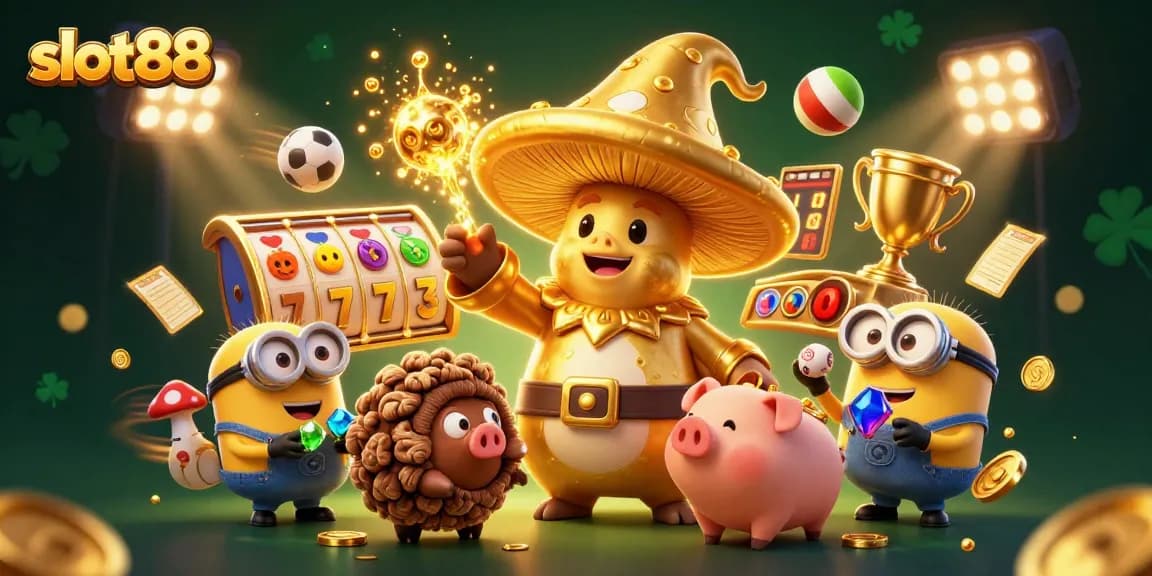 Slot88 menghadirkan ilustrasi 3D berwarna emas dengan penyihir jamur dan elemen slot yang menarik.