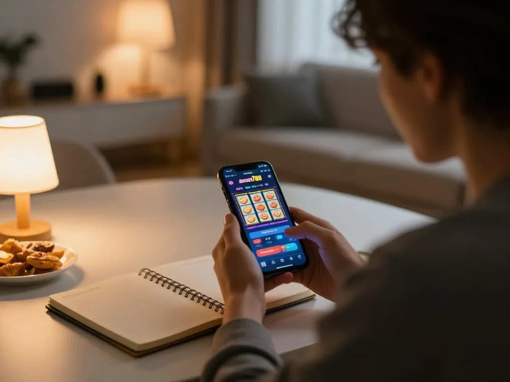 Engaging with the aman788 slot games app on a mobile setup in a cozy evening atmosphere