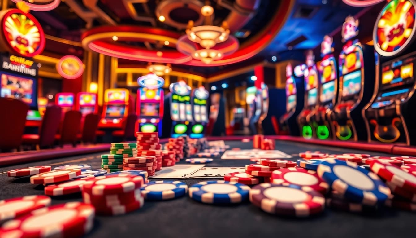 Experience thrilling casino bonuses illustrated with vibrant chips and lively gaming tables.