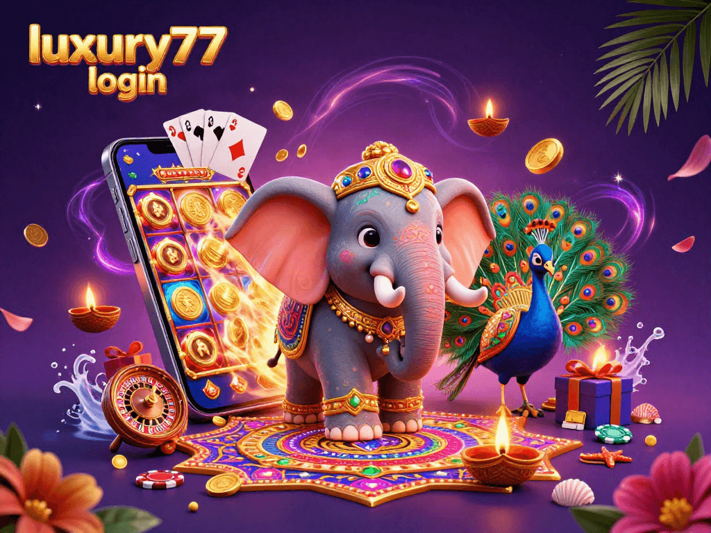 Masuk ke luxury777 login sambil menikmati suasana kasino dengan gajah berwarna-warni dan permainan slot.