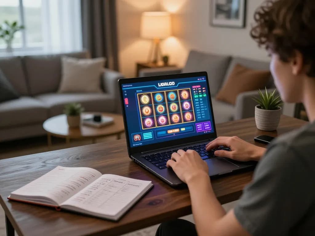 LIGALGO platform gameplay on laptop in a cozy home setup, showcasing interactive online gambling.