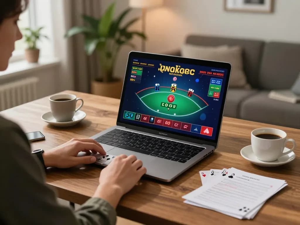 Engaged player at home using BK8 for live dealer blackjack, showcasing strategic gameplay.