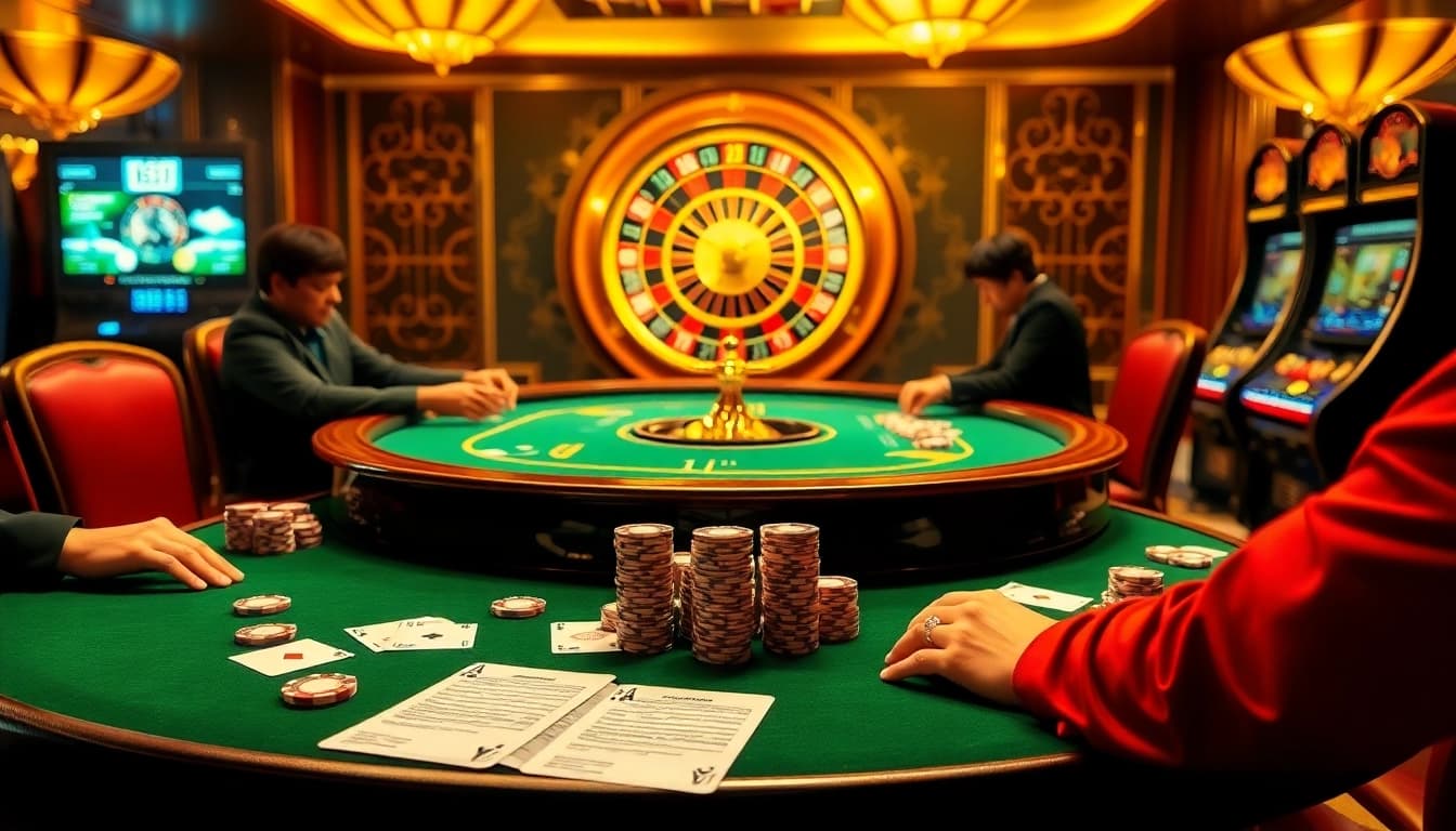 Players test their luck at an i9bet poker table, featuring vibrant chips and intense competition.