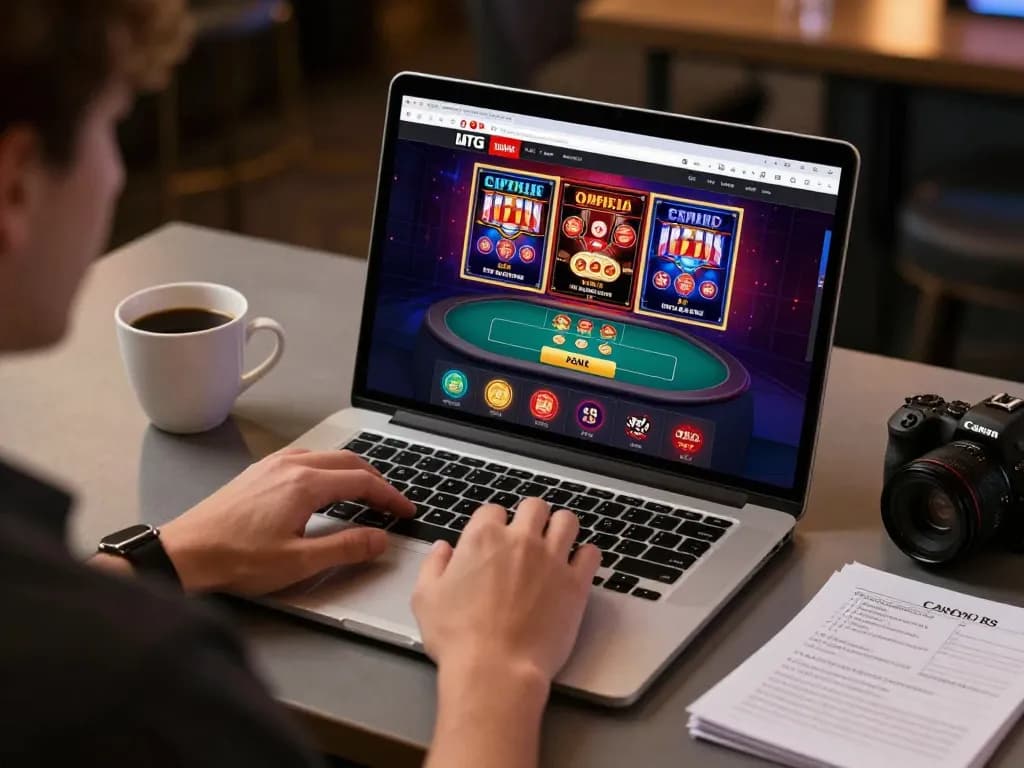 hitclub player engaging with online slots on modern laptop at home desk