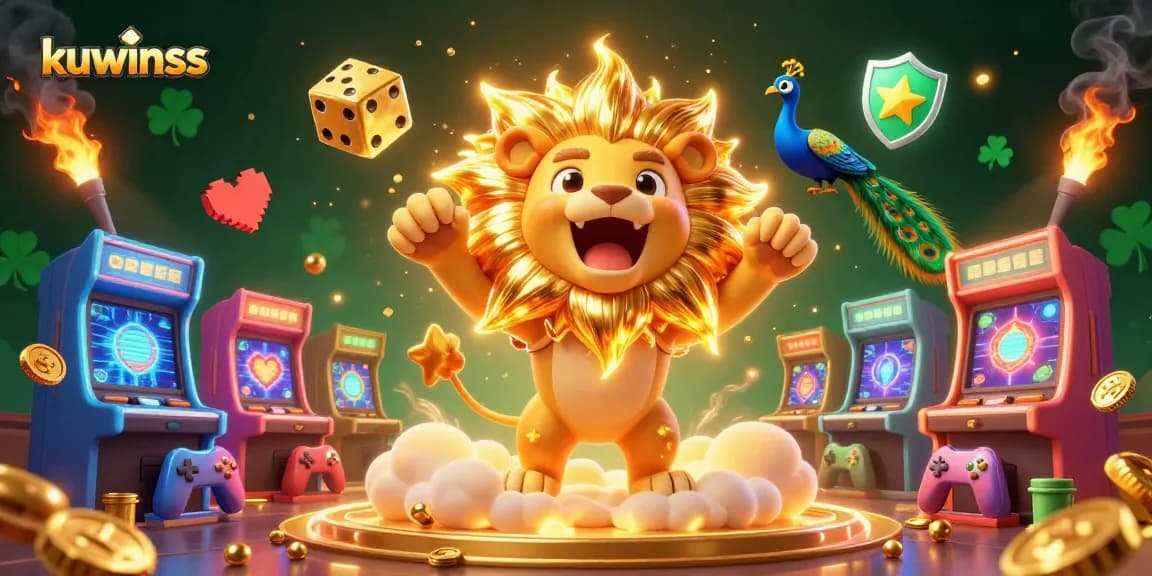 Kuwinss enhances your winning luck with a vibrant 3D casino illustration featuring a roaring sun lion and golden dice.