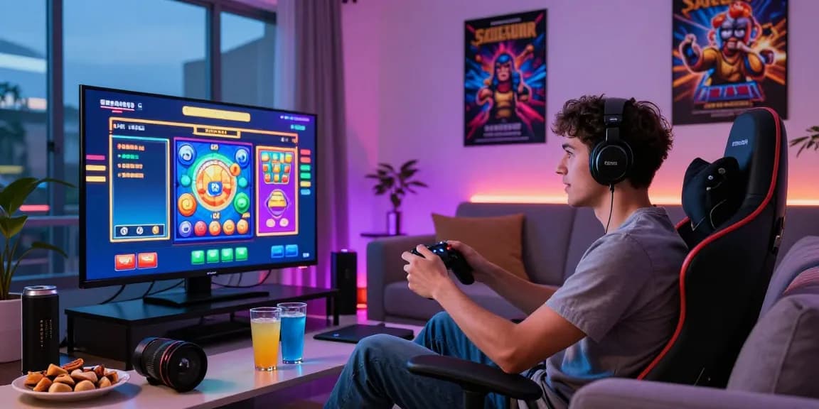 Pengalaman bermain link slot gacor di ruang tamu modern dengan permainan slot di layar TV.