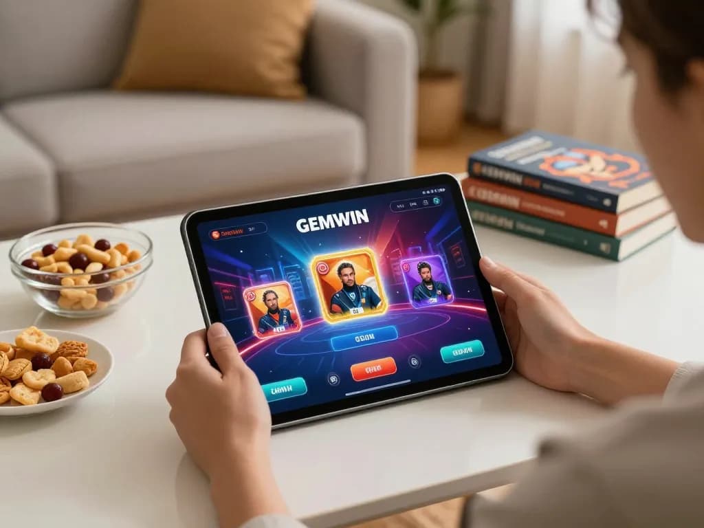 GEMWIN player immersed in online casino experience, tablet displaying vibrant game graphics.