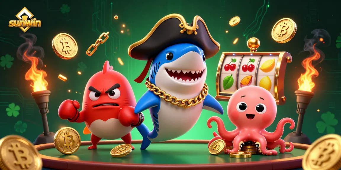 Win big with sunwin as the cartoon shark and friends celebrate in a vibrant casino scene.