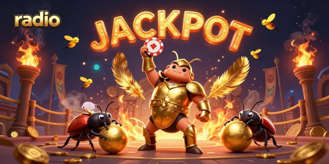 Experience thrilling casino fun at radio with dazzling jackpot victory scenes featuring beetles and vibrant elements.