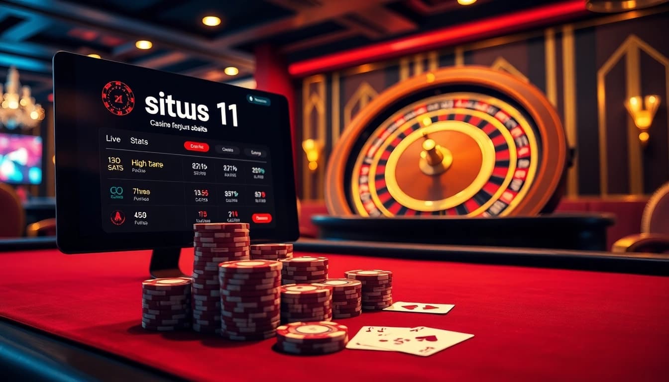 Engage with situs 11 as players strategize and place bets at a luxurious poker table in an online casino.