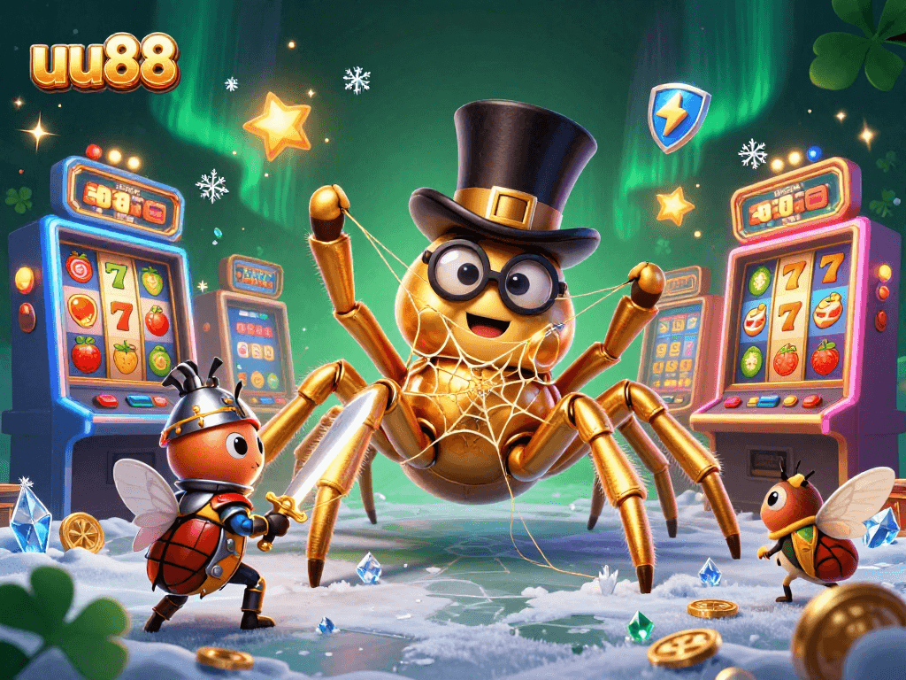 Win big with uu88's vibrant casino scene featuring golden tarantula and beetle knight.