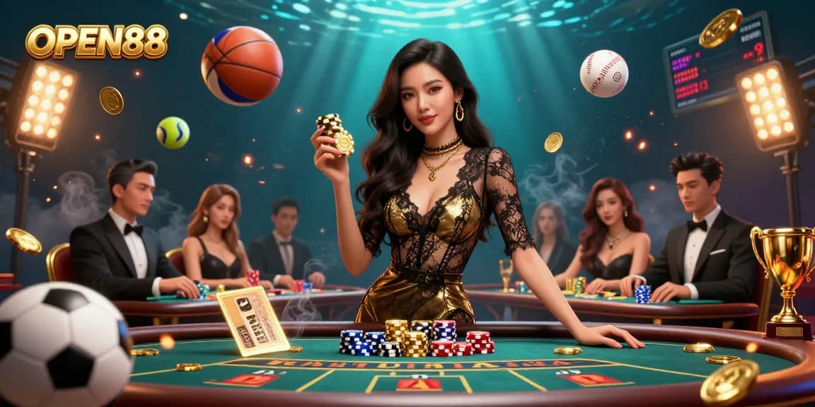 Experience the excitement of OPEN88 at a VIP baccarat table with golden casino chips.