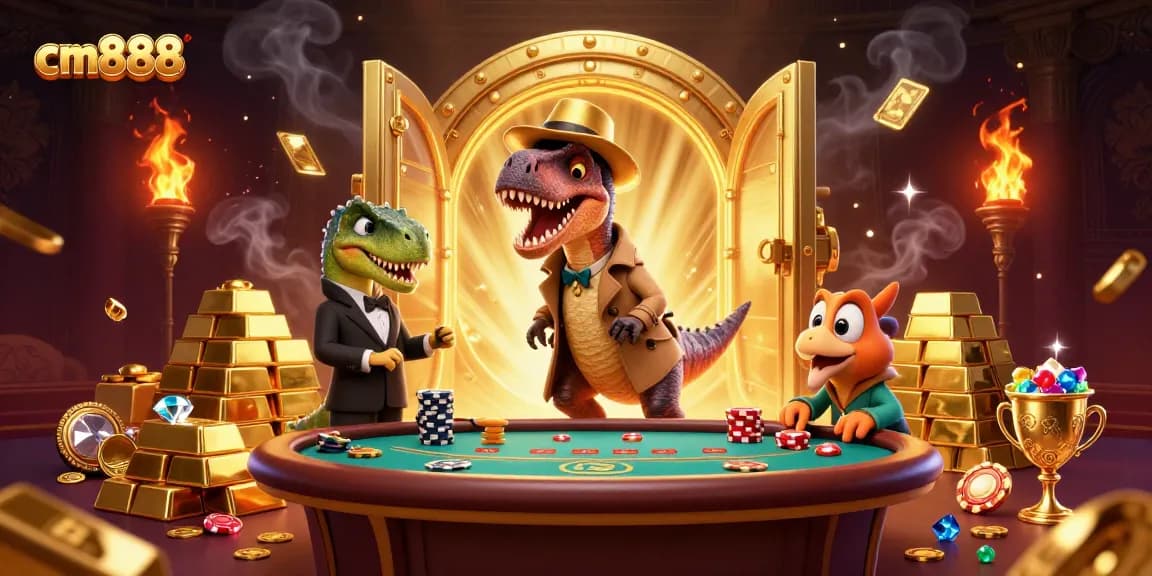 Experience cm888's thrilling gaming world with a velociraptor, stegosaurus, and compy amidst treasure.