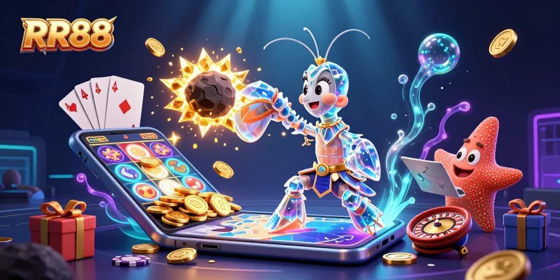 Spin and win at RR88 with vibrant slot games and exciting casino elements in a dynamic 3D scene.