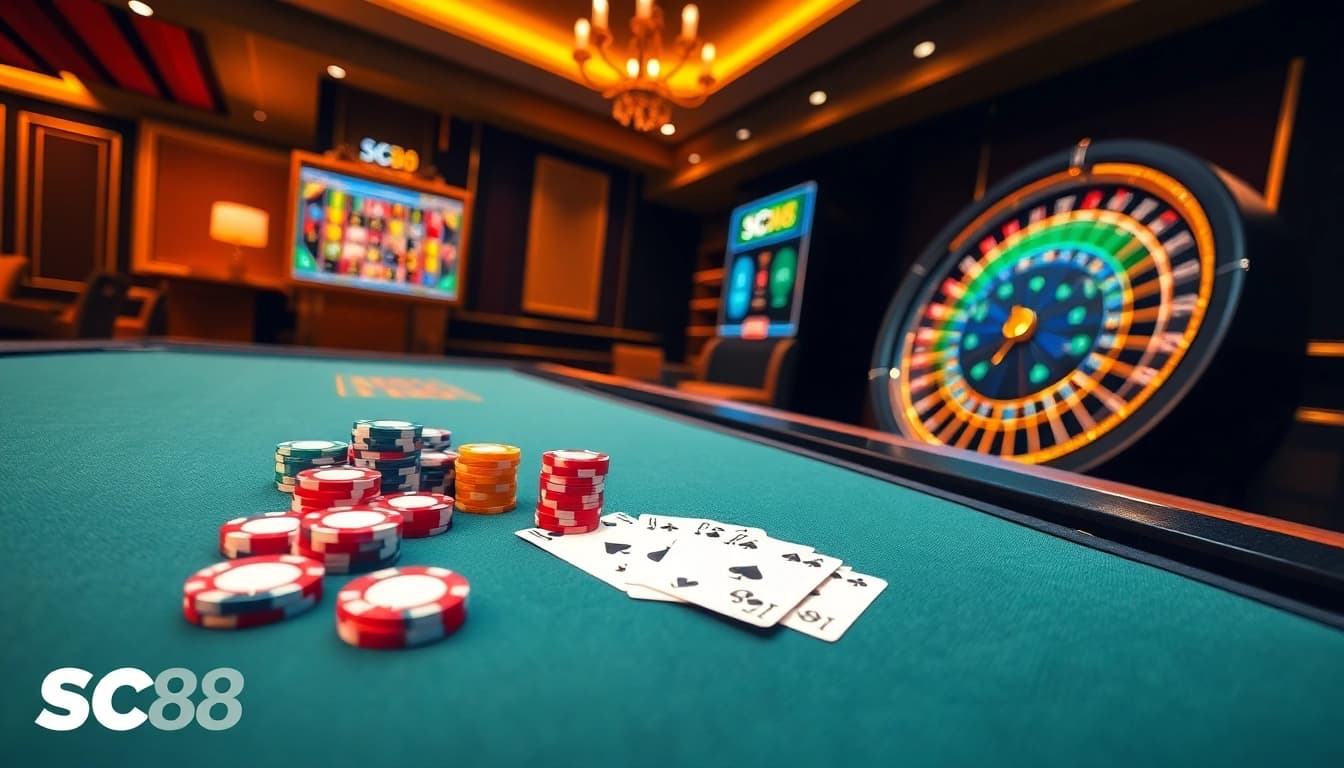 Experience excitement at SC88 with vibrant casino games and dynamic poker chips.