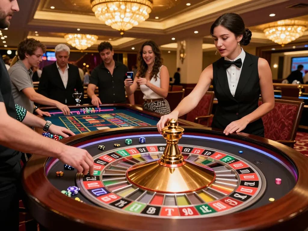 Roulette table action at a luxury casino showcasing 123bmvp gaming excitement and player engagement.